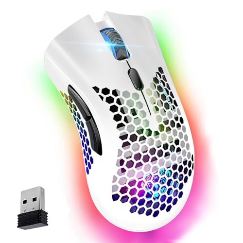 VEGCOO Gaming Mouse, Rechargeable Wireless Mouse with Honeycomb Wireless Gaming Mouse with RGB Light/Silent Click/Adjustable DPI, Optical Computer Mouse for Laptop PC Computer (C23 Weiß) von VEGCOO