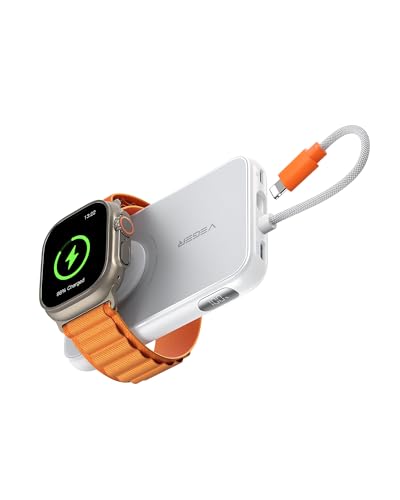 VEGER Mini Power Bank 5000mAh - Kompakter Powerbank mit integriertem Apple-Kabel, 2 Eingängen & 3 Ausgängen, 20W PD Schnellladung, ideal für Apple Watch, iPhone & USB-C Smartphones(Weiss) von VEGER