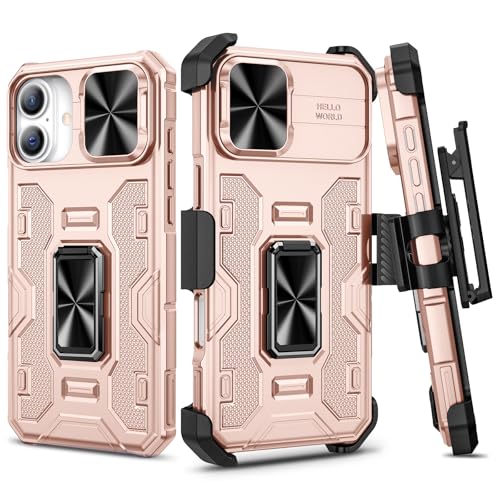 VEGO Schutzhülle für iPhone 16 Plus mit Gürtelclip-Holster, iPhone 16 Plus Hülle mit Schiebe-Kamera-Abdeckung und 360°-Ring-Ständer, robuste Schutzhülle in Militärqualität, Roségold von VEGO