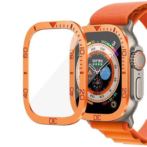 VELORE Gehärtetes Glas für Apple Watch Ultra 2 49 mm, Displayschutzfolie, kratzfest, Metallrahmen für IWatch-Serie Ultra 49 mm, Zubehör(Orange) von VELORE