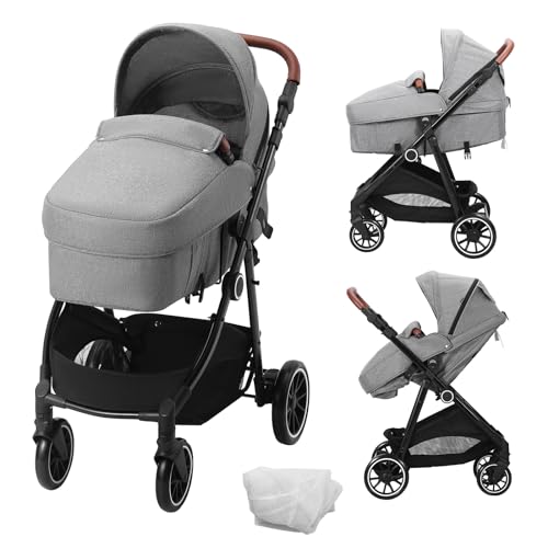 VEVOR Standard-Kinderwagen, mit Babywanne, verstellbarer Rückenlehne im 3. Gang und klappbarem und umkehrbarem Sitz, Kinderwagen für Neugeborene aus Karbonstahl mit Beinabdeckung und Netz, Dunkelgrau von VEVOR