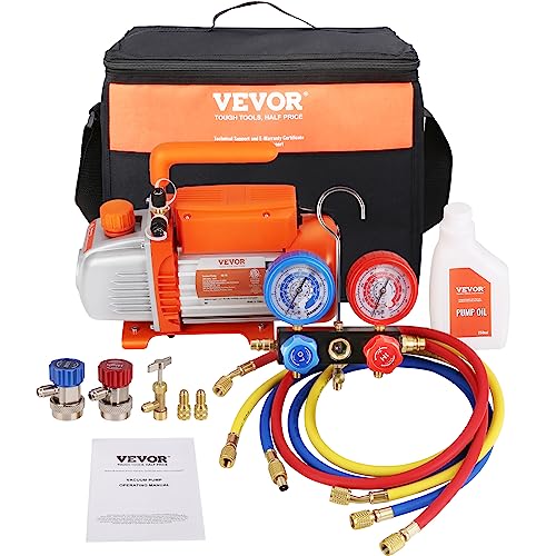 VEVOR Vakuumpumpe 100L/min Unterdruckpumpe 1-stufig 220V/50HZ 1440U/min 800-4000PSI (55-276bar) 250ml-Ölkapazität Vakuumgeräte Verteiler-Manometer-Set für Klimaanlage Kfz-Kühlsystemen von VEVOR