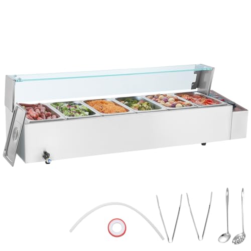 VEVOR kommerzieller Speisenwärmer mit 6 Behältern (je 5 Qt / 1/3 Größe), elektrischer Dampftisch mit Glasabdeckung, 1500 W Arbeitsplatte Edelstahl, Buffet-Bain-Marie, 30–85 °C Temperaturregelung von VEVOR