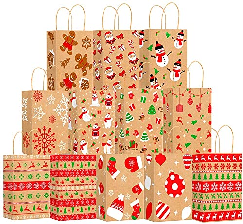 VEYLIN Weihnachts-Geschenktüten aus Kraftpapier, 12 Weihnachtspapier-Geschenktüten mit Griff für Partyzubehör (22,9 x 8,9 x 14,9 cm) von VEYLIN