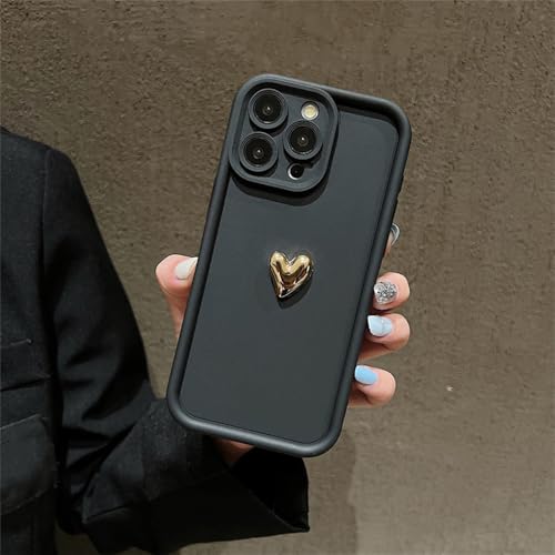 VFDHN Goldene Herz-Silikon-Softphone-Hülle für iPhone 15 14 13 12 11 16 Pro Max XS XR 7 8 Plus Stoßfeste Candy Matte-Abdeckung, Schwarz, Für iPhone 15 Pro von VFDHN