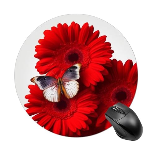 Mauspad, rote Blume und Schmetterling, Schreibtischunterlage mit rutschfester Gummiunterseite, Gaming-Mauspad, rundes Mauspad, Schreibtischunterlage für Laptop, Büro, Schreibtischzubehör für von VFMNT