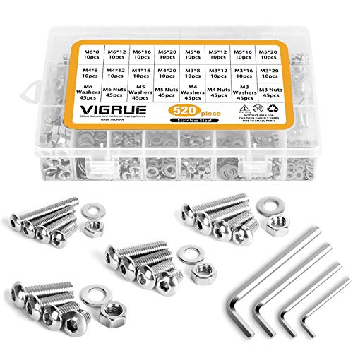 VIGRUE 520PCS M3 M4 M5 M6 A2-70 Edelstahl-Sechskopf-Knopf Schrauben Edelstahlschrauben Innensechskant Maschinenschrauben Schraube Muttern und Unterlegscheiben Sortiment Kit mit Aufbewahrungsbox von VIGRUE