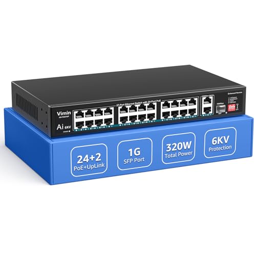 24-Port PoE-Switch mit 2 Uplink-Gigabit-Ports & 1 SFP, VIMIN 27-Port Unmanaged 10/100Mbps Netzwerk PoE-Switch mit 24 PoE-Ports, AI Watchdog, VLAN, Verlängerung 250m, unterstützt IEEE802.3af/at von VIMIN