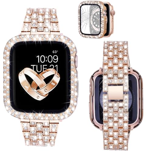 VISOOM Armband Kompatibel mit Apple Watch Armband 41mm mit Schutz Case Series 9/8/7 Frauen Mode Niedlich Diamant Metall Armbänder für iWatch Bands Replacement Rosegold von VISOOM