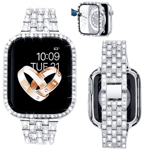 VISOOM Armband Kompatibel mit Apple Watch Armband 44mm mit Schutz Case Series SE/6/5/4 Frauen Mode Niedlich Diamant Metall Armbänder für iWatch Bands Replacement Silver von VISOOM