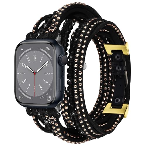 VISOOM Boho Armbänder Kompatibel mit Apple Watch Armband 42mm/44mm/45mm Serie 9/8/7 SE 6/5/4 Frauen Mode Dressy Nette Leder Wrap Uhrenarmband für iWatch Serie 3/2/1 Ersatzband,Black&Gold von VISOOM