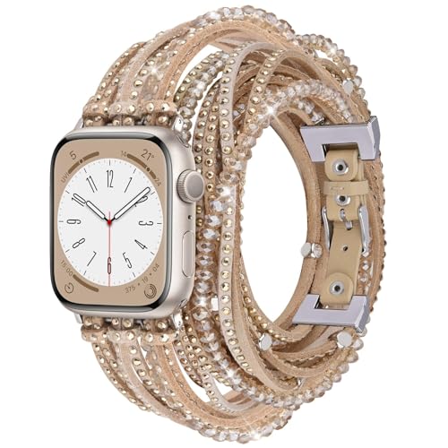 VISOOM Boho Armbänder Kompatibel mit Apple Watch Armband 42mm/44mm/45mm Serie 9/8/7 SE 6/5/4 Frauen Mode Dressy Nette Leder Wrap Uhrenarmband für iWatch Serie 3/2/1 Ersatzband,Kahki&Gold von VISOOM