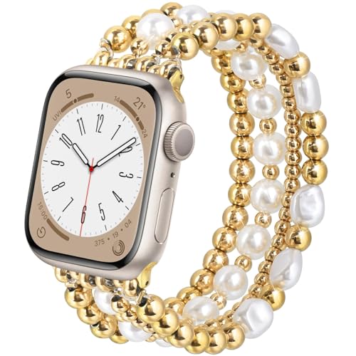 VISOOM Perlen Armbänder Kompatibel für Apple Watch Armband 38mm/40mm/41mm Frauen, Mode Handgemachte Dressy iPhone Watch Armband Elastisches Armband für iWatch Serie SE 9 8 7 6 5 4 3 2 1，Gold-M von VISOOM