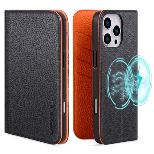 VISOUL Brieftaschen-Schutzhülle für iPhone 16 Pro Max, genarbtes Echtleder, Brieftaschen-Schutzhülle mit Kartenhalter, Ständer, Klapphülle, entworfen für iPhone 16 Pro Max (17,5 cm), Schwarz + Orange von VISOUL