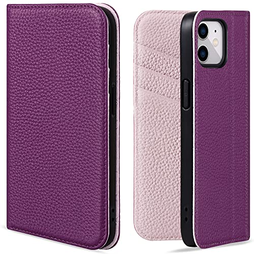 VISOUL Hülle für iPhone 12 Mini, Schutzhülle [Echt Leder] [Schützt vor Stoß] [Kartenfach] [Magnetverschluss] [Stand] klappbar handyhülle Handytasche Etui Case für iPhone 12 Mini Lila+Lila L von VISOUL