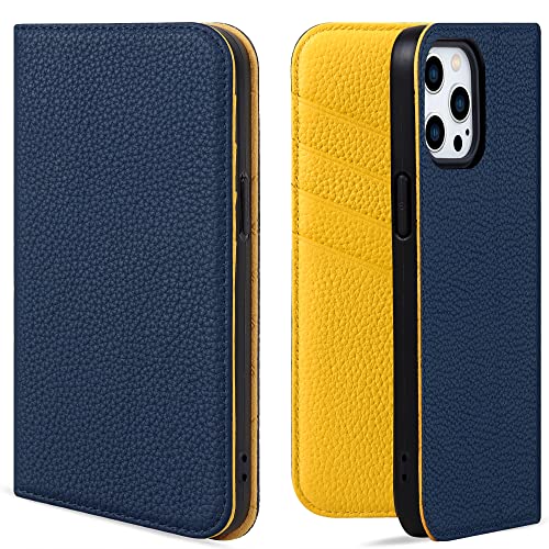 VISOUL Hülle für iPhone 12 Pro max, Schutzhülle [Echt Leder] [Schützt vor Stoß] [Kartenfach] [Magnetverschluss] [Stand] klappbar handyhülle Handytasche Etui Case für iPhone 12 Pro max Blau + Gelb L von VISOUL