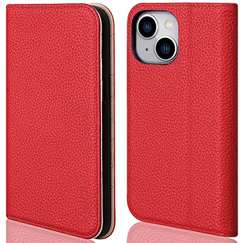 VISOUL Hülle für iPhone 13, Schutzhülle [Echt Leder] [Schützt vor Stoß] [Kartenfach] [Magnetverschluss] [Stand] klappbar handyhülle Handytasche Etui Case für iPhone 13 Rot + Weiß L von VISOUL