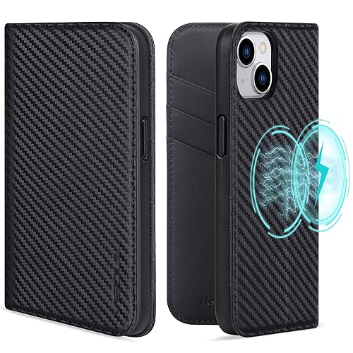 VISOUL Hülle für iPhone 15, Schutzhülle [Carbon+Nappa Leder] [Schützt vor Stoß] [Kartenfach] [Magnetverschluss] [Stand] Klapphüllen handyhülle Handytasche Etui Case für iPhone 15 Schwarz T von VISOUL