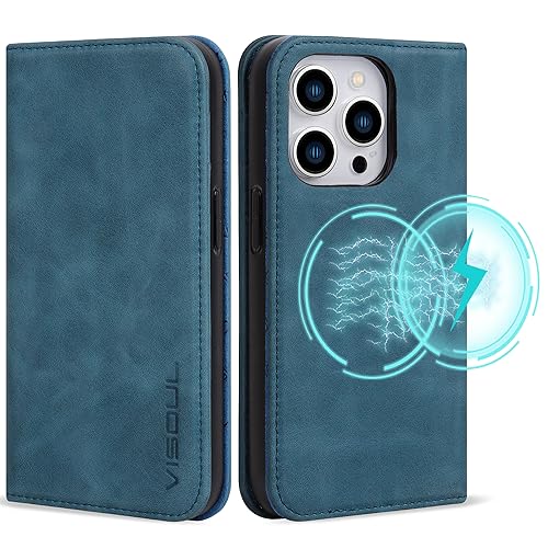 VISOUL Hülle für iPhone 15 Pro Max, Schutzhülle [Echt Leder] [Schützt vor Stoß] [Kartenfach] [Magnetverschluss] [Stand] klappbar handyhülle Handytasche Etui Case für iPhone 15 Pro Max Blau von VISOUL