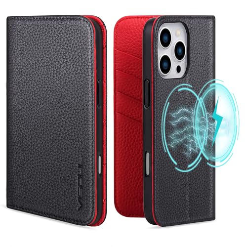 VISOUL Brieftaschen-Schutzhülle für iPhone 16 Pro Max, genarbtes Echtleder, Brieftaschen-Schutzhülle mit Kartenhalter, Ständer, Klapphülle, entworfen für iPhone 16 Pro Max (17,5 cm), Schwarz + Rot von VISOUL