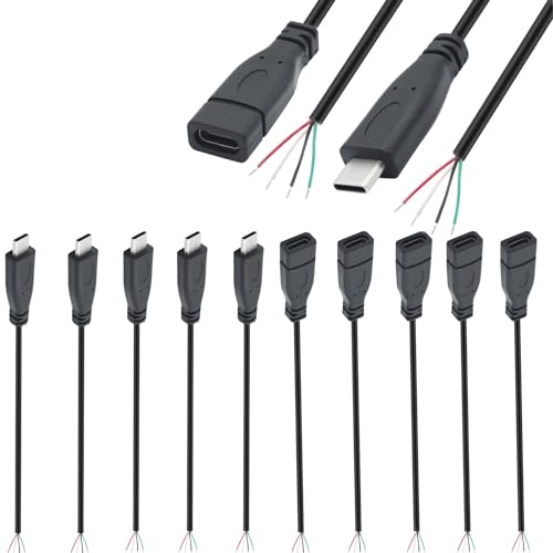 VISSQH 10 Stück(5 Paar) USB Typ-C Stecker & Buchse Pigtail Kabel,28AWG 2A 4 poligen Blankdraht,USB C Verlängerungskabel löten,mit offenem Ende für Heimwerker (25cm) von VISSQH