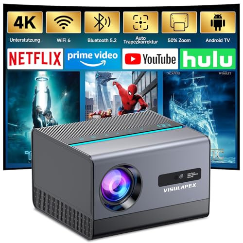 VISULAPEX U2 Beamer 4K Heimkino mit Android TV 12, Autofokus, Auto Trapezkorrektur Smart Beamer, WiFi 6 Bluetooth Projektor, 26000L 1080P Full HD Beamer Heimkino Outdoor 200" Display Video Projektor von VISULAPEX