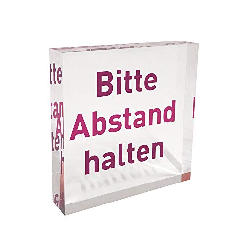 transparenter Acrylblock als Infoständer, Hinweisaufsteller mit Aufdruck „Bitte Abstand halten“ in der Farbe Bordeaux, Infoaufsteller aus original PLEXIGLAS von VITAdisplays