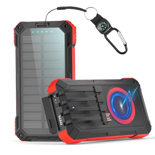 VOGHERB 46800mAh Solar Power Bank USB C Schnell, 15W Wireless Powerbank Tragbares Ladegerät mit LED-Licht für mehrere Geräte, Externe Handyakku mit integriertem Kabel Kompatibel mit iPhone Android von VOGHERB