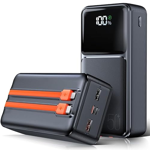 VOGHERB Power Bank 50000mAh mit 5 Ausgängen, Powerbank PD 22.5 W Schnellladen, Externer Handyakkus mit integriertem Kabel und LED-Display von VOGHERB