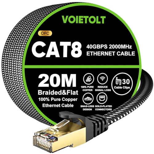 VOIETOLT Cat 8 Lan Kabel 20M, 40Gbps/2000Mhz Flaches Geflecht Netzwerkkabel Ethernet Kabel, S/FTP RJ45 Gigabit Patchkabel für PS4/5, für Modem, für Router von VOIETOLT