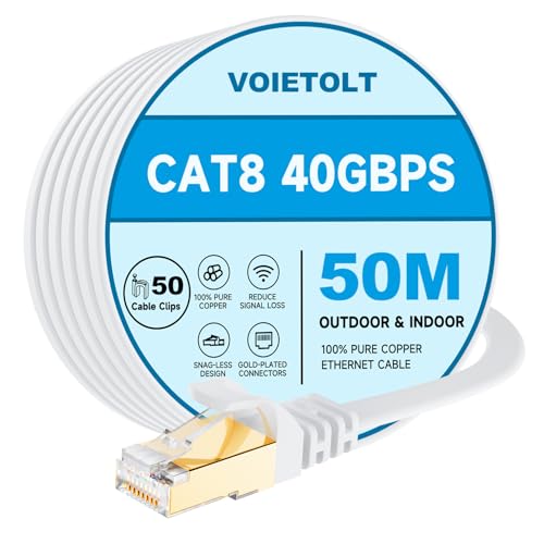 VOIETOLT Cat8 Lan Kabel 50M mit Clips, 40Gbps/2000MHz Flach Schirmung Hochgeschwindigkeit Netzwerkkabel, STP RJ45 Gigabit Cat-8 Ethernet Kabel für PS4/5, für Modem, für Router (weiß) von VOIETOLT