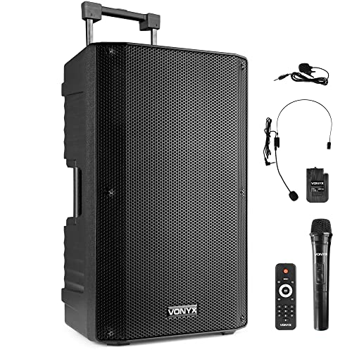 Vonyx VSA500-BP Partybox 800W, Mobile PA Anlage Komplettset, Bluetooth Lautsprecher groß mit Akku, 2 drahtlose Mikrofone, Mobiler Lautsprecher, Karaoke Anlage, aktivbox Beschallungsanlage von VONYX