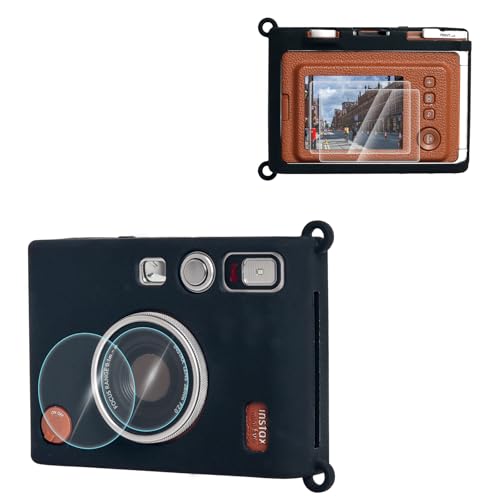 VOVMOEYA Silikon-Schutzhülle und Displayschutzfolie aus gehärtetem Glas und PET-Objektiv für Fujifilm Instax Mini EVO, Zubehör für Fuji Instax Mini EVO, keine Kamera, Schwarz , Casual von VOVMOEYA