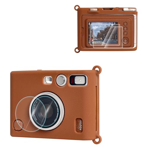 VOVMOEYA Silikon-Schutzhülle und Displayschutzfolie aus gehärtetem Glas und PET-Objektiv für Fujifilm Instax Mini EVO, Zubehör für Fuji Instax Mini EVO, keine Kamera, braun, Casual von VOVMOEYA