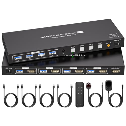 VPFET 4 port HDMI KVM Switch 4 PC 1 Monitore 4K60Hz KVM Switches HDMI 2.0 Aktie 4 USB 3.0 Devices Unterstützt Simulation EDID Mit DC12V Netzadapter und 4 USB 3.0 Kabel von VPFET