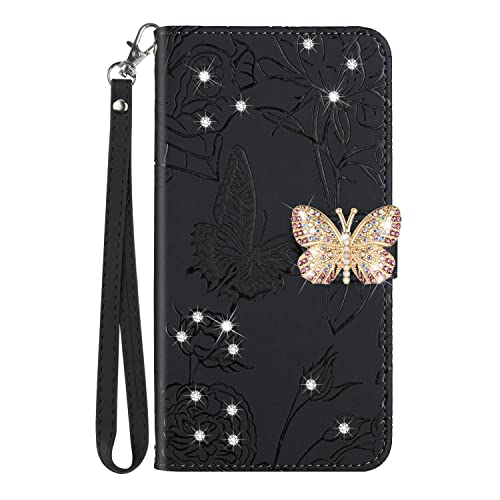 VQWQ Schutzhülle Compatible for Huawei Honor 200 Lite - Shinny Schmetterling Geprägt Lanyard Handyhülle Kartenhalter Stand Anti-Schock Magnet Ledertasche für Huawei Honor 200 Lite [HT3] -Black- von VQWQ