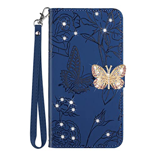 VQWQ Schutzhülle Compatible for Oppo A59 5G - Shinny Schmetterling Geprägt Lanyard Handyhülle Kartenhalter Stand Anti-Schock Magnet Ledertasche für Oppo A59 5G / Oppo A2X 5G [HT3] -Blue- von VQWQ