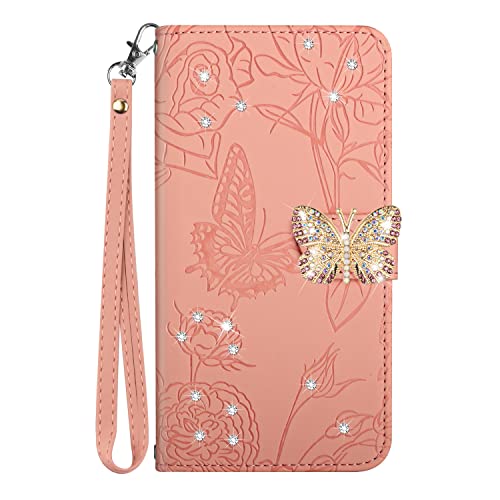 VQWQ Schutzhülle Compatible for Oppo Realme C31 - Shinny Schmetterling Geprägt Lanyard Handyhülle Kartenhalter Stand Anti-Schock Magnet Ledertasche für Oppo Realme C31 [HT3] -Pink- von VQWQ