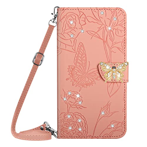 VQWQ Schutzhülle Compatible for Sony Xperia 5 V - zum Umhängen Shinny Schmetterling Handyhülle Kartenhalter Anti-Schock Magnet Brieftasche Ledertasche für Sony Xperia 5 V[HT3]-Pink von VQWQ