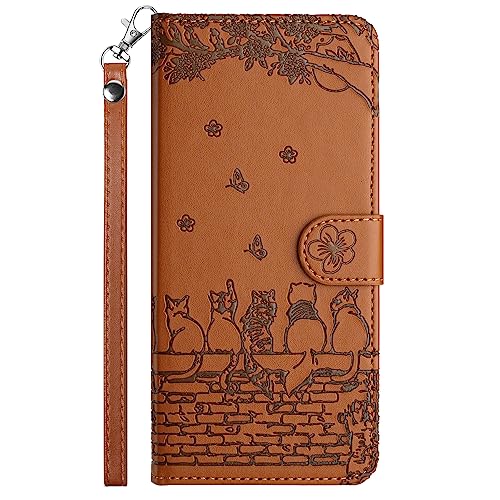 VQWQ Schutzhülle Compatible for Xiaomi Redmi Note 13 4G - Katze Geprägt mit Lanyard Handyhülle Kartenhalter Kickstand Anti-Schock Magnetic Ledertasche für Xiaomi Redmi Note 13 4G [RX] - Brown von VQWQ