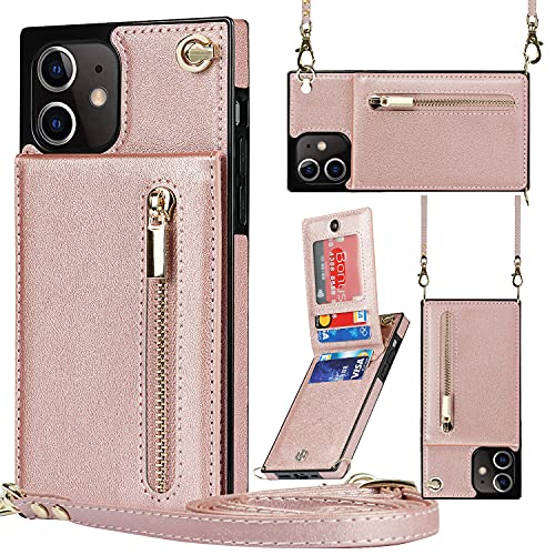 VQWQ Schutzhülle Compatible with iPhone 12 6.1" - 1,5M Rope Reißverschluss Handyhülle Kartenhalter Knopf Cash Brieftasche Ständer Ledertasche für iPhone 12 6.1" [XL] - Rosegold von VQWQ