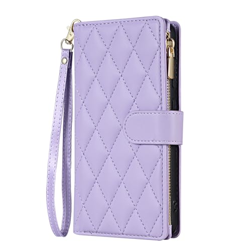 VQWQ Schutzhülle Compatible with iPhone 12 6.1" - Gitter Reißverschluss Lanyard Handyhülle Kartenhalter Konsole Brieftasche Magnetic Ledertasche für iPhone 12 6.1" [BKS] - Purple von VQWQ