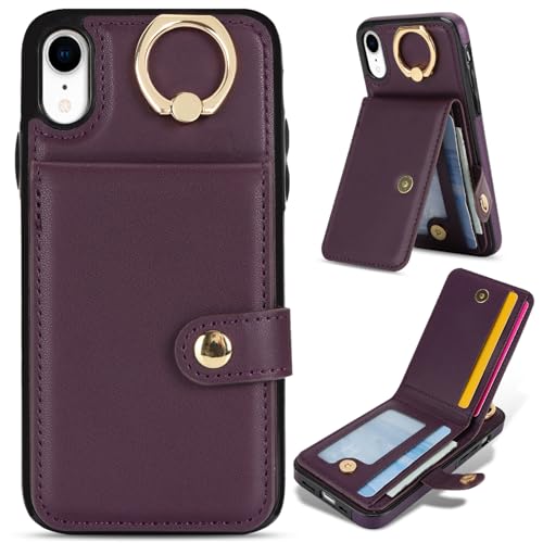 VQWQ Schutzhülle Compatible with iPhone X - Metall Ring RFID-Block Handyhülle Kartenhalter Knopf Cash Brieftasche Ständer Ledertasche für iPhone X [XL] - Purple von VQWQ