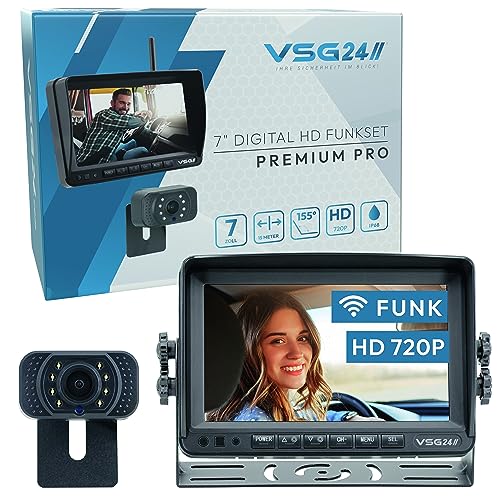 VSG24 7“ Funk Rückfahrsystem Premium PRO HD für Wohnmobil, Pferdeanhänger PKW, KFZ Set kabellos, Rückfahrkamera + Monitor, Nummernschild Kamera Nachrüsten 12V-24V, digital, Auto Rückspiegel von VSG