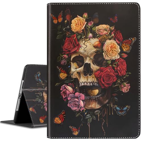 Hülle für iPad 10th Generation 2022 10.9 Zoll, Multi-Angle PU Leder Halter Cover mit automatischer Sleep/Wake Funktion für iPad 10th Gen 27.7 cm 2022, Schmetterlinge, Rosen und Schädel von VSHSEEOM