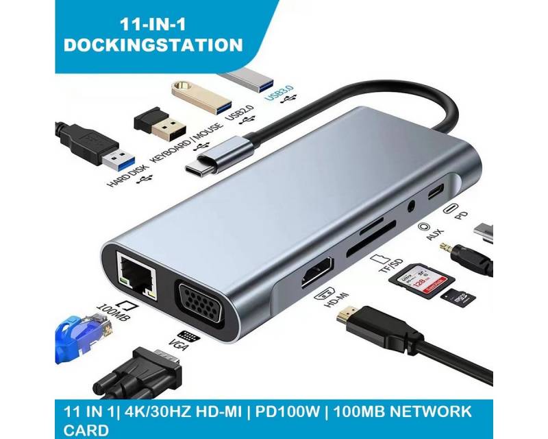 VSIUO Laptop-Dockingstation USB C Docking Station Dual Monitor, 11 in 1 USB C Hub Adapter, 100 W Stromversorgung, 4K 30Hz HDMI, 1080P 60Hz VGA, 5Gbps USB 3.0 von VSIUO