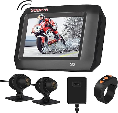 VSYSTO Dashcam Motorrad Motorrad Kamera 1080p Doppellinse Kamera Motorrad Vorne Hinten WiFi Wasserdicht 140° Weitwinkel Sportkamera 3,0 Zoll IPS Bildschirm mit GPS Daueraufnahme von VSYSTO