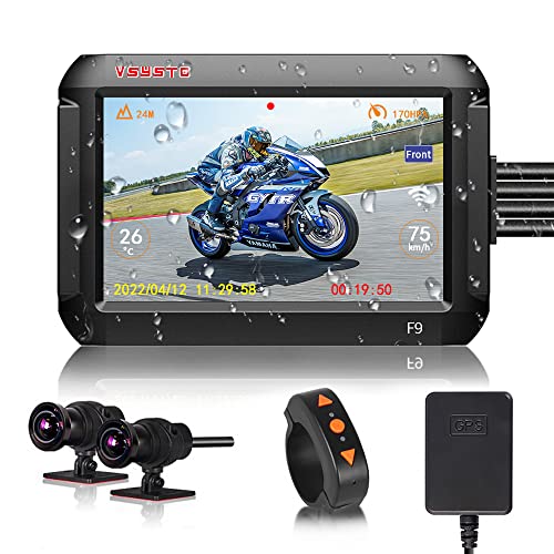 VSYSTO Motorrad DashCam Motorrad Kamera 1080P Doppellinse Vordere und hintere Kamera WiFi Fahrschreiber wasserdichte Sportkamera 4'' IPS Bildschirm 130 ° Weitwinkel Nachtsicht Drag Racing von VSYSTO