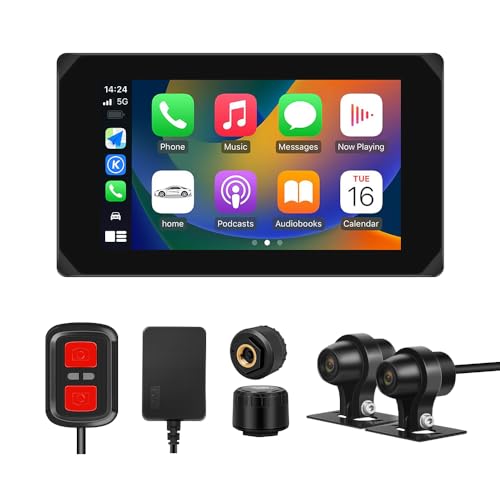 VSYSTO Motorrad Dashcam 5,0 Zoll Wasserdichter Touchscreen Car Play Android Auto GPS Navigation Mit Zwei Vorderen Hinteren 1080P Starlight Night Vision Kameras Und TPMS(CS5) von VSYSTO