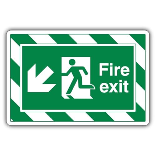 ExtraViz Sicherheitsschild "V Safety Fire Exit Pfeil nach unten links", 350 x 250 mm, leuchtet im Dunkeln, selbstklebendes Vinyl-Sicherheitsschild von VSafety